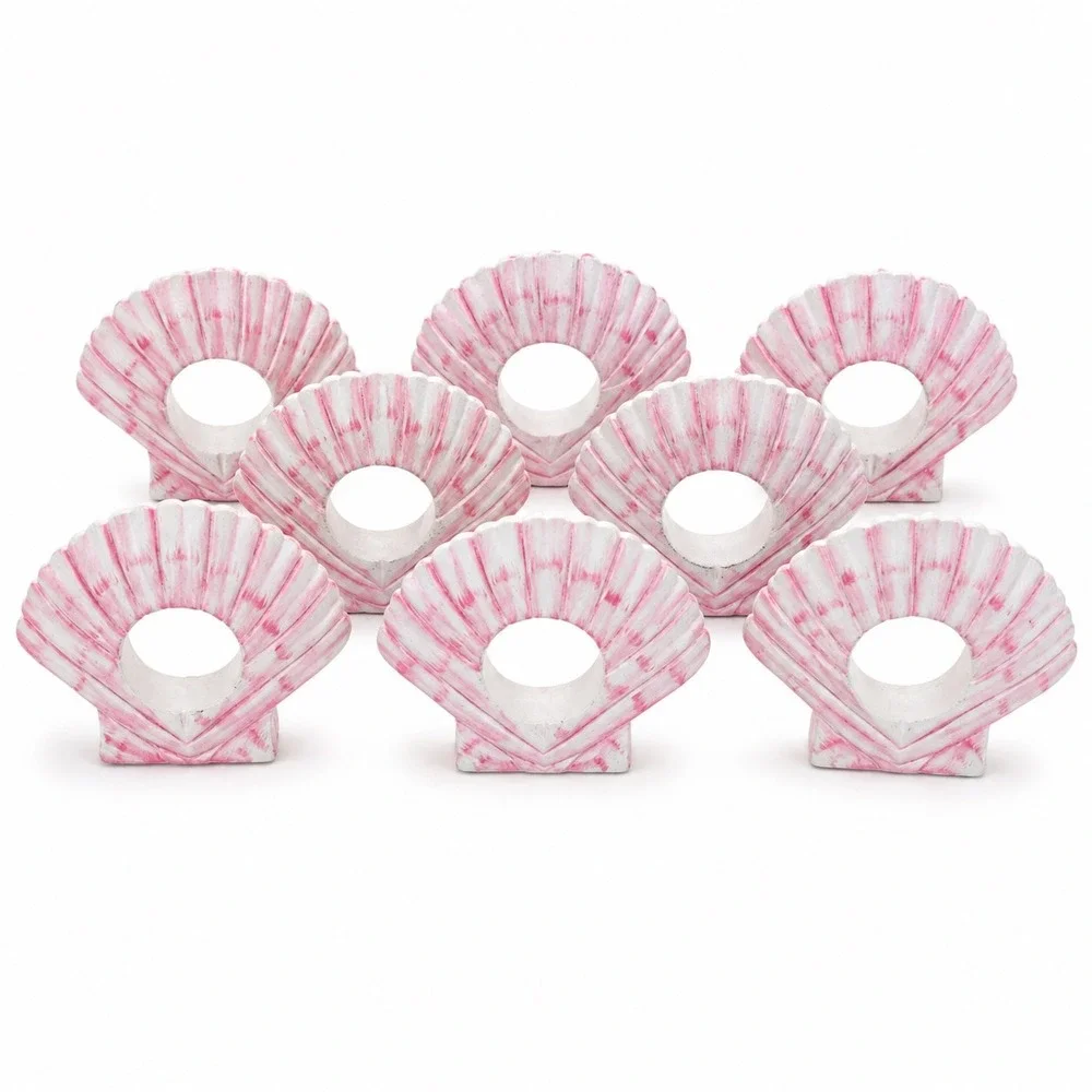 Vintage Set of 8 Wood Shell Napkin Rings Pink White Coastal Seashell Holders